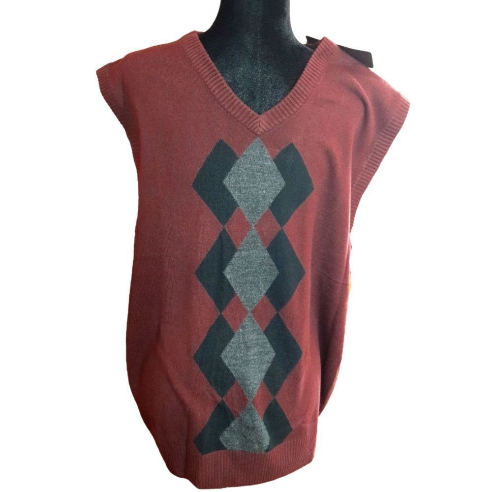 Tricot San Rafael Sweater Argyle Vest‎ V-Neck Merlot Gray Black Men's Sz…